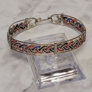 VTG MCM Braided Metal Bangle Bracelet Red Blue Black Silver Tone Woven Boho Gift
